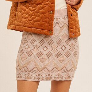 HEM & THREAD Beige Taupe Knit Mini Skirt, Boho Fair Isle Sweater Skirt, Cozy